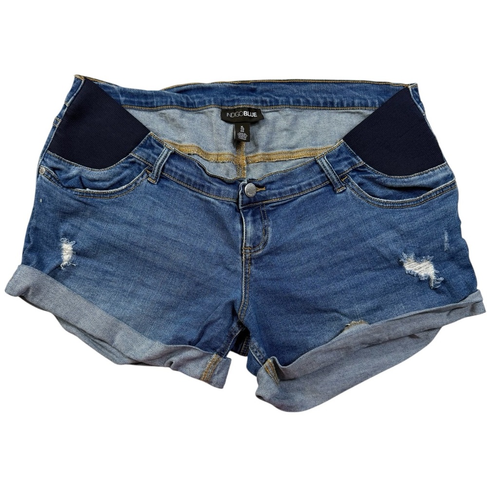 Indigo Blue Maternity Distressed Denim Rolled Cuff Shorts Size XL Elastic Sides